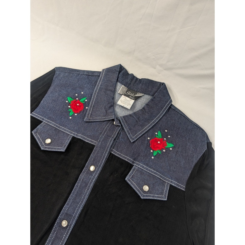 Slinky Brand Large Denim Black Stretch Floral Embroidered‎ Long Jacket Shirt